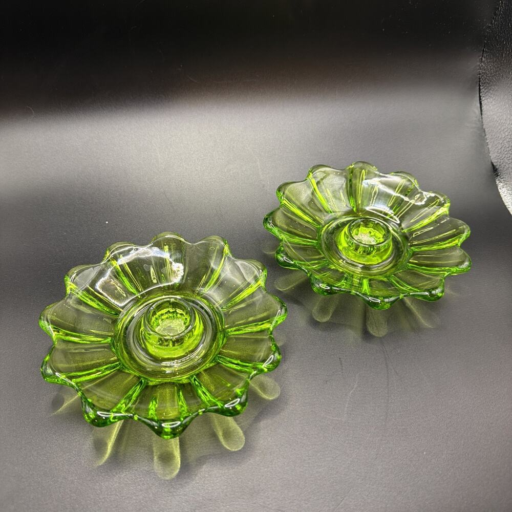 Pair of Vintage Federal Glass Celestial Limelight Green Candle Holders